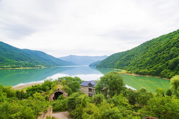 Georgia Ananuri Monastery. Large reservoir. Lake in the pea.