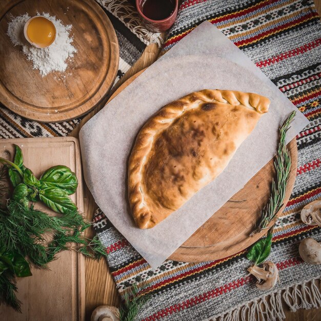 Georgian breed lavash pie with eggs and cheese on a wooden table