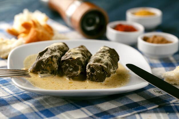 Photo georgian cuisine dolma on plate with souce