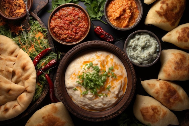 Georgian cuisine spread showing khachapuri khinkali pkhali dolma satsivi from above