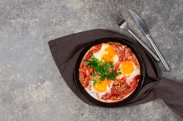 Photo georgian dish scrambled eggs chirbuli top view on a gray table homemade horizontal no people