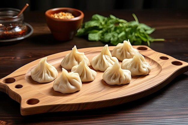 Photo georgian dumplings on wooden board