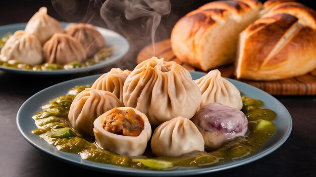 Georgian khinkali with salad sauce and tandir bread