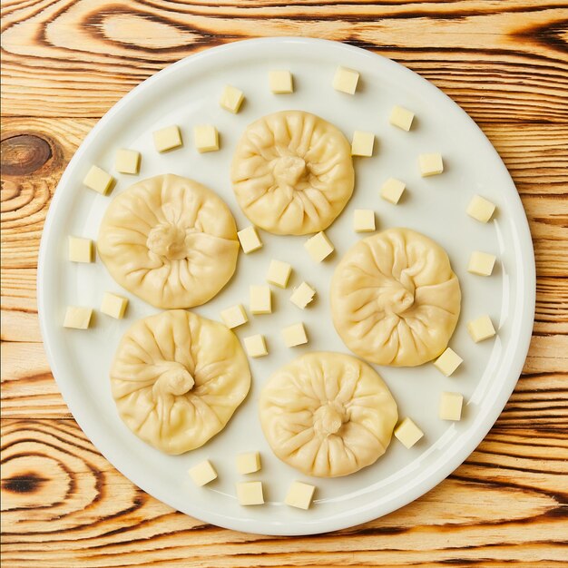 Foto georgische knoedels khinkali met kaasgroenten en pittige tomatensaus satsebeli op witte plaat