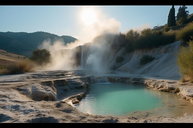 Foto piscina geotermica e sorgente termale in toscana, italia bagni san filippo cascata termale naturale al mattino