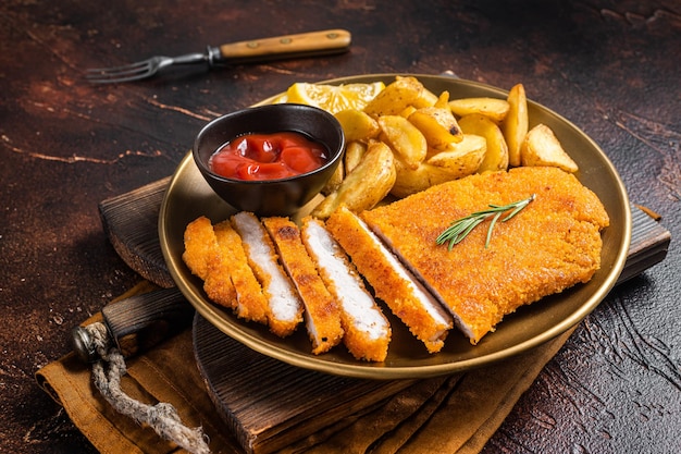 Gepaneerde Duitse weiner-schnitzel met aardappelpartjes Donkere achtergrond Bovenaanzicht