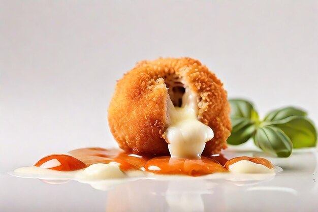 Gepaneerde kippenvleesballen met uitgestrekte mozzarella-kaas op een witte achtergrond