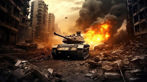 Gepantserde tank doorkruist door oorlog verscheurde stad