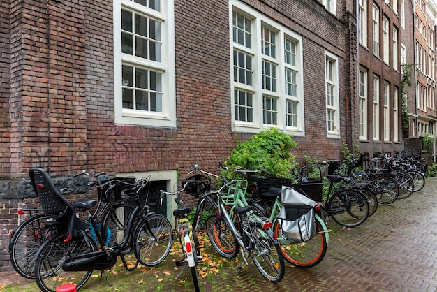 Geparkeerde fietsen langs de muur bij een bakstenen huis op een regenachtige dag Ecotransporttraditie in Amsterdam