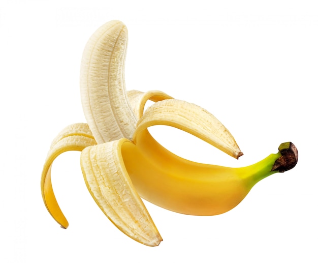 Gepelde die banaan op witte achtergrond met het knippen van weg wordt geïsoleerd