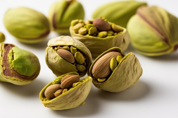 Gepelde pistachenoten zonder zout van dichtbij op een witte achtergrond