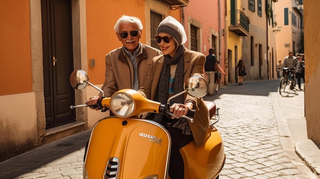 gepensioneerd echtpaar op scooter gelukkige senioren op vakantie Generatieve AI