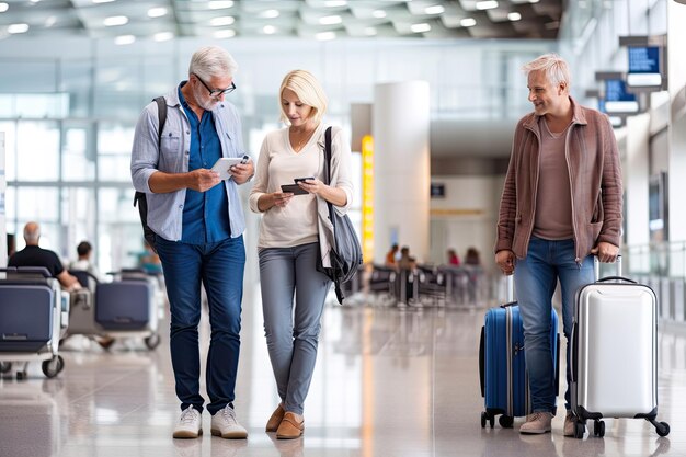 Gepensioneerde mensen die samen in de luchthaven gangen lopen gelukkig met hun koffer Reizen