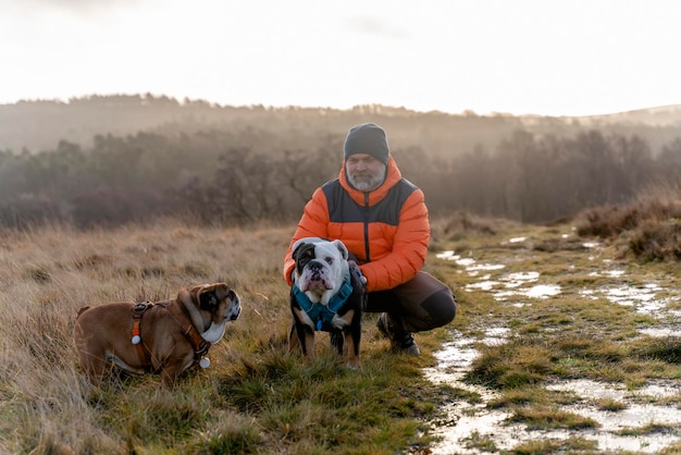 gepensioneerde met Engelse buldoggen wandelen in Peak District Hondentraining Vrije tijd