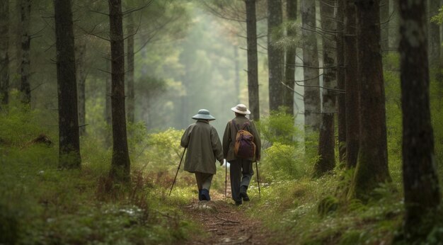 Gepensioneerden reizen door het bos dat is gecreëerd met behulp van generatieve AI-technologie