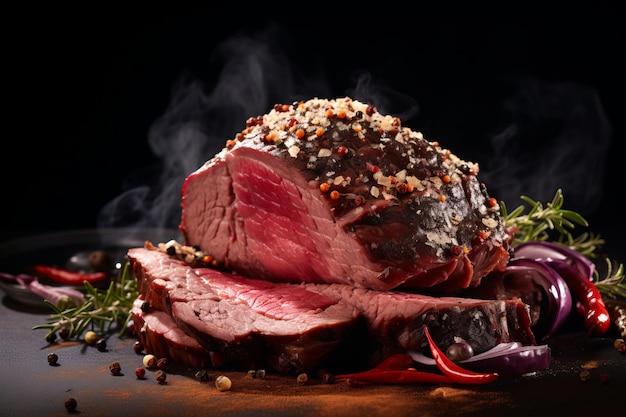 Gepeperde plakjes rosbiefpastrami, gevouwen met een grote vork en bestrooid met zout en peper