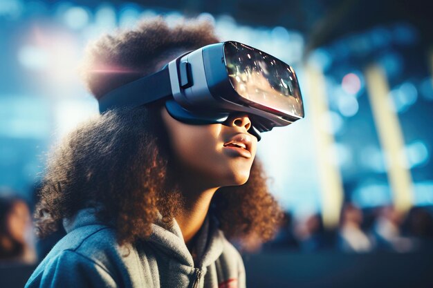 Gepersonaliseerd futuristisch onderwijs afro-amerikaans schoolmeisje in virtual reality-bril