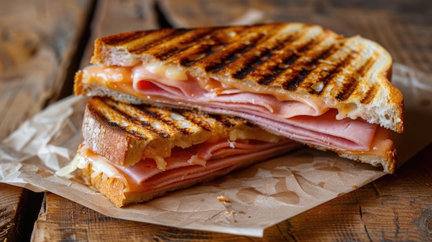 Geperste en geroosterde dubbele panini met ham en kaas geserveerd op sandwichpapier op een houten tafel