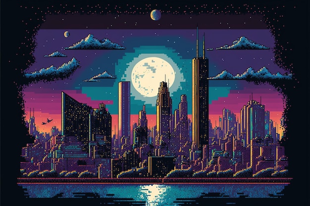 Gepixeleerd stadsgezicht moonrise nacht gedetailleerd ontwerp