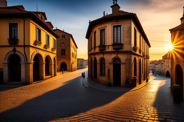 Geplaveide oude Europese stadsstraat op het gouden uur Stenen gebouwen zonsondergang