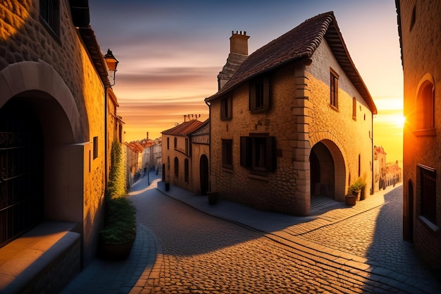 Geplaveide oude Europese stadsstraat op het gouden uur Stenen gebouwen zonsondergang