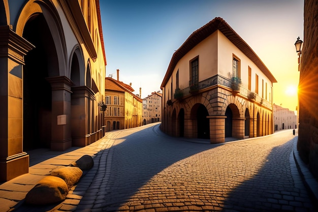Geplaveide oude Europese stadsstraat op het gouden uur Stenen gebouwen zonsondergang