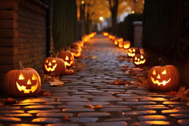 geplaveide straat met Jacko'lanterns