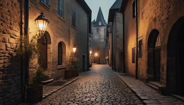 Foto geplaveide straten van een middeleeuwse stad met lantaarns die historische gevels verlichten