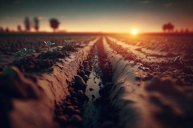 Geploegd land van een landbouwveld klaar om te planten of te zaaien in springbedden Landbouwgrondveld Voren van de ploegboerderij