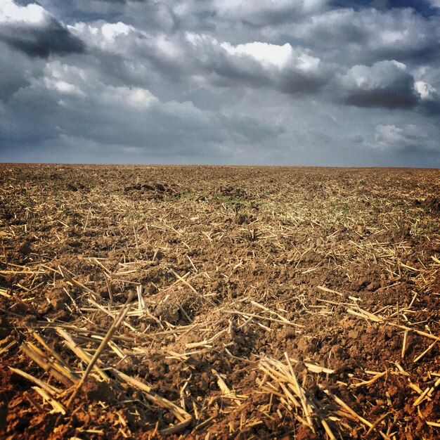 Geploegd veld tegen bewolkte lucht