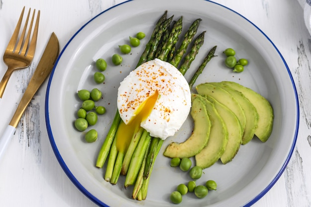 Gepocheerde eieren met asperges, avocado en groene erwten