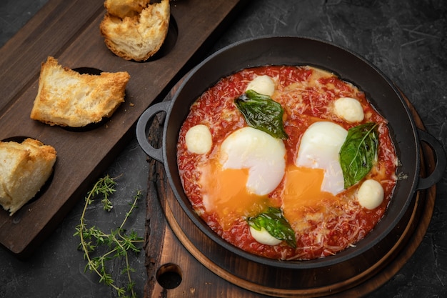 gepocheerde eieren, met tomaten en saus in een pan op een houten bord