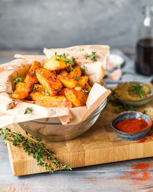 Gepofte aardappelen met paprika tijm en balsamico azijn Een heerlijk gerecht wordt geserveerd met saus