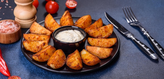 Gepofte aardappelpartjes met kaas en kruiden en tomatensaus op een donkere achtergrond