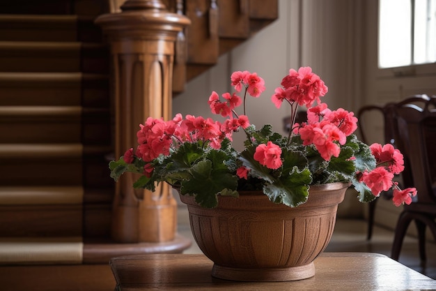 Герань с ароматными розовыми или красными цветами в классическом терракотовом горшке, неподвластном времени, в традиционной и элегантной квартире Генеративный AI