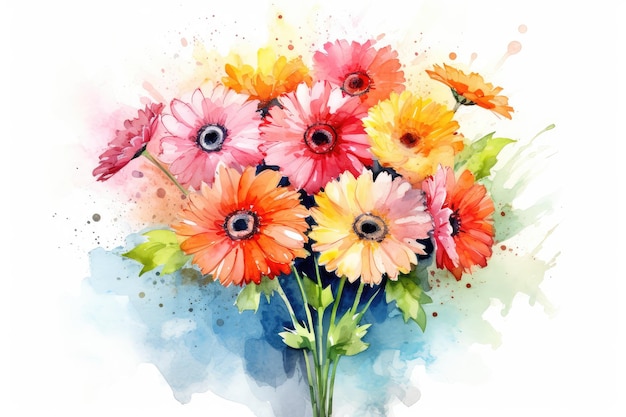 ガーベラの花束の鮮やかな水彩画の組成物
