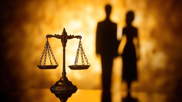 Gerechtigheid weegt tegen een echtpaar symboliserend gezinsrecht het belichaamt het juridische evenwicht cruciaal in