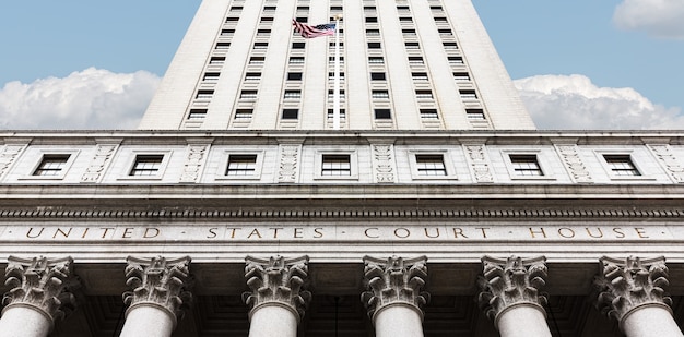 Gerechtsgebouw van de Verenigde Staten. Gerechtsgebouw gevel met kolommen, lager Manhattan, New York