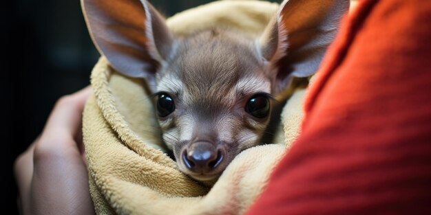 gered baby roe deer gewikkeld in een deken in je handen World Wildlife Conservation close-up van hoge kwaliteit