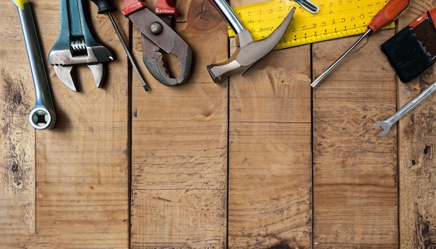 Gereedschap op een houten tafel met een liniaal waarop 'tools' staat