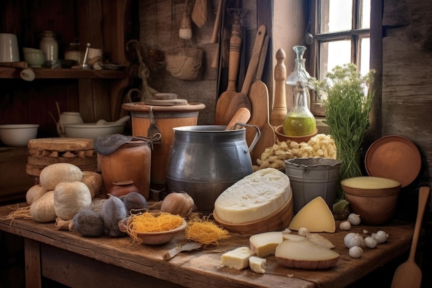 Gereedschappen en ingrediënten voor het maken van kaas op een rustieke tafel gemaakt met generatieve ai