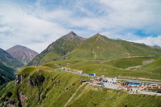 Gergeti trinity church infront of the kaukasus mountains in georgia