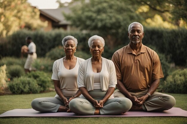 Gericht Afrikaans Amerikaans senior koppel dat yoga beoefent in tuinar c