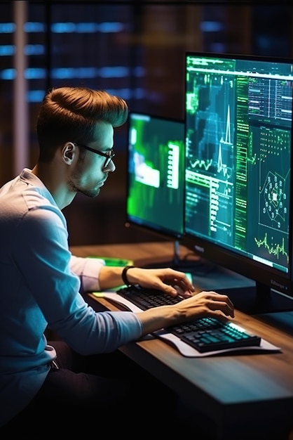 Gerichte jonge mannelijke programmeur die op meerdere computerschermen werkt met regels code en grafieken
