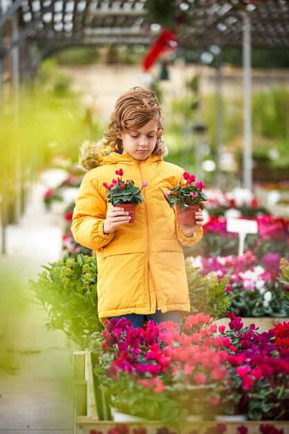 Gerichte kleuterjongen in warm geel jasje kijkend naar bloeiende ingemaakte bloemen die groeien in de kas in het botanische park