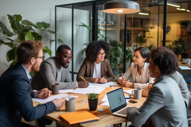 gerichte teamleider die een marketingplan presenteert aan geïnteresseerde multiraciale collega's