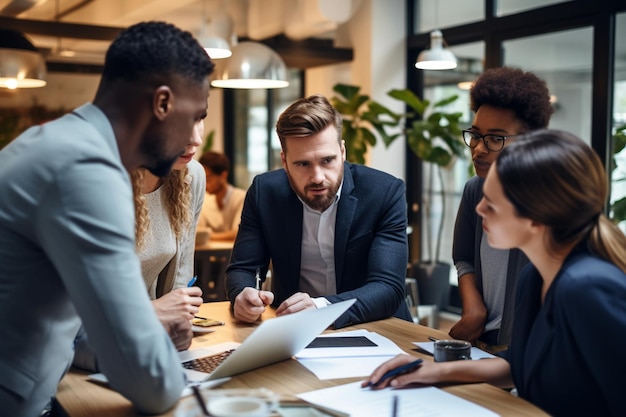 Foto gerichte teamleider die een marketingplan presenteert aan geïnteresseerde multiraciale collega's