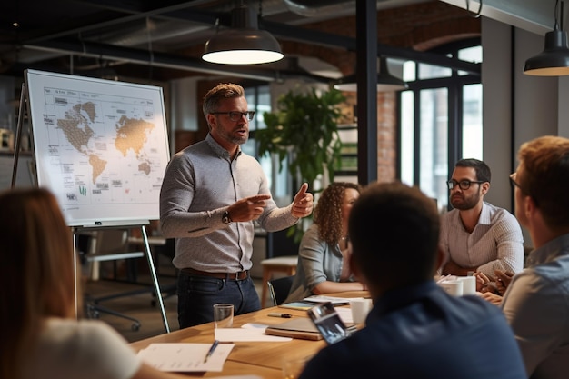 Foto gerichte teamleider die een marketingplan presenteert aan geïnteresseerde multiraciale collega's