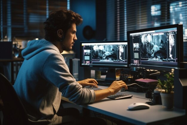 Foto gerichte videograaf die film bewerkt op professionele computer achter bureau in kantoor