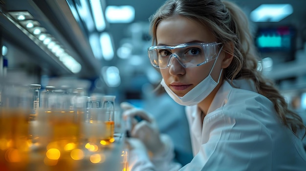 Gerichte vrouwelijke wetenschapper die monsters analyseert in laboratoriumonderzoek en ontdekking van AI